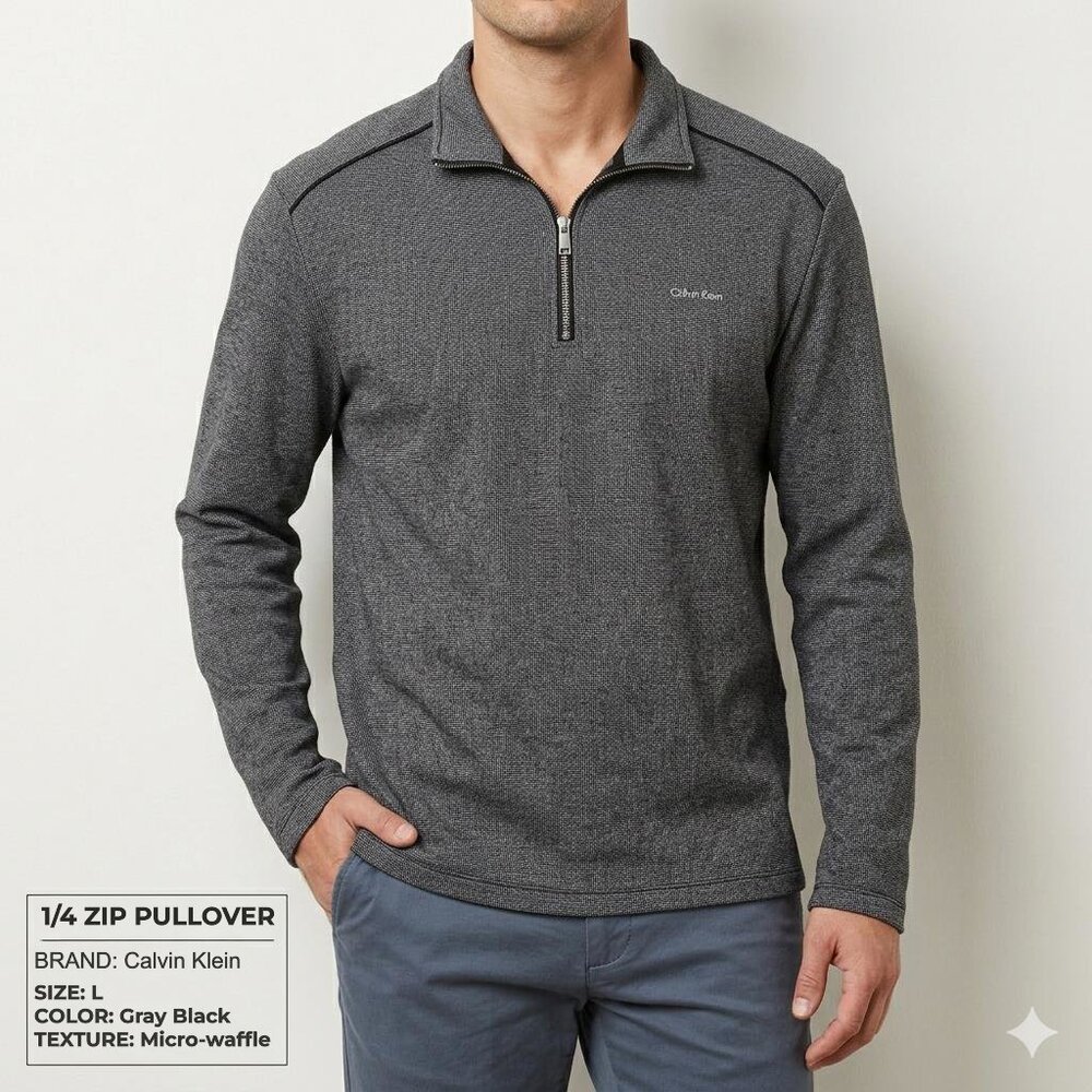 Calvin Klein Men’s Large Gray Black 1/4 Zip Pullover Sweater EUC Cotton Blend